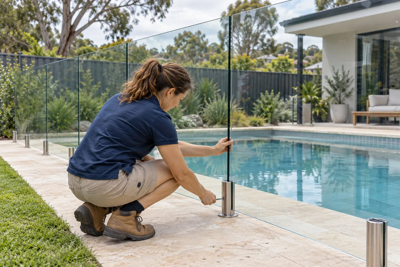 Pool fence repairs, Sydney: tradesperson tightening a frameless glass pool fence spigot