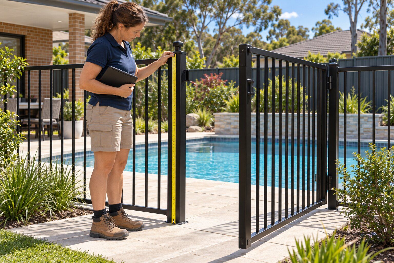 Pool compliance certificate, Sydney: certifier measuring the height of a pool gate latch post with a tape measure