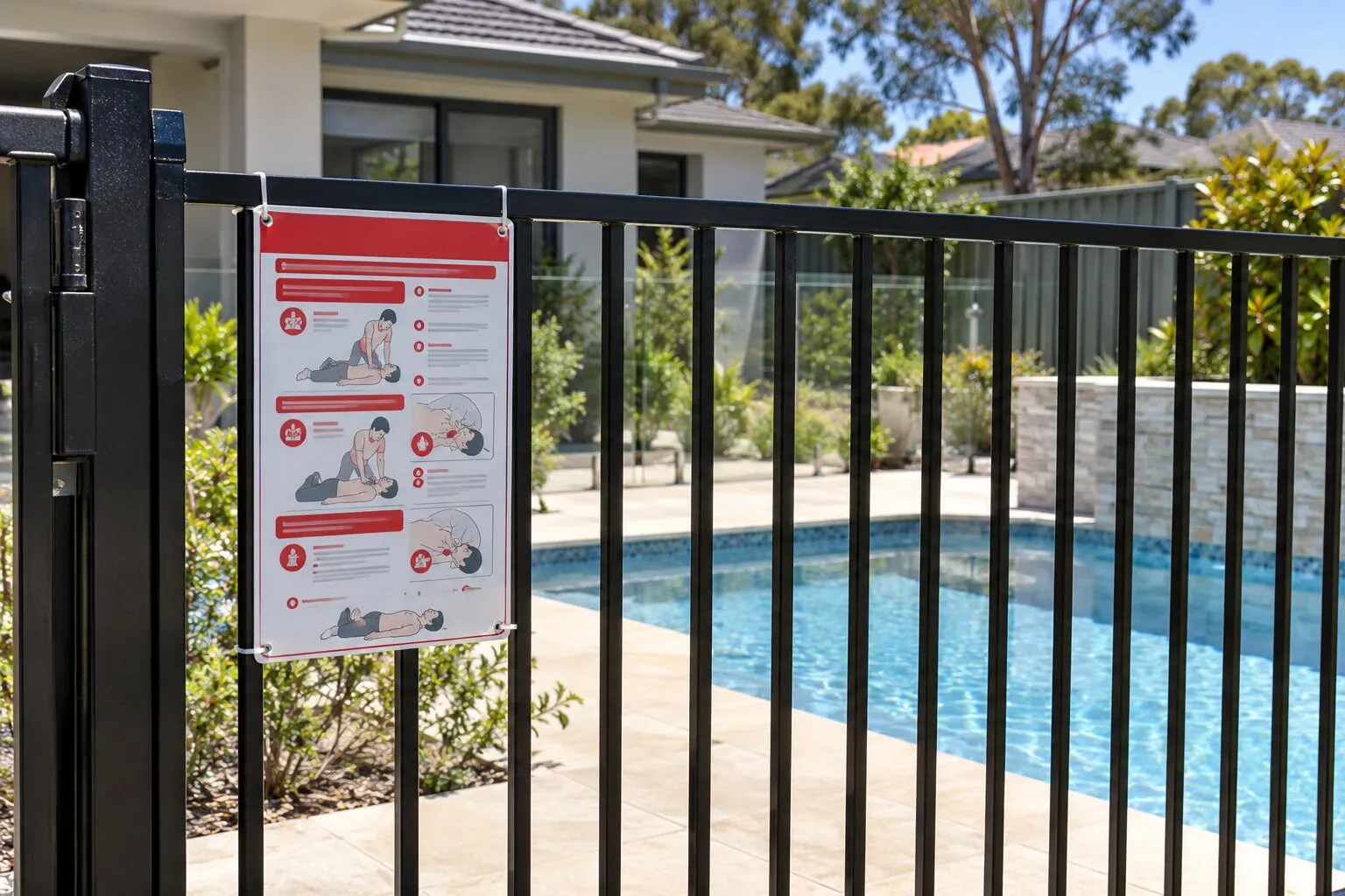 Pool compliance certificate, Sydney: CPR sign on a black aluminium pool fence beside an in-ground pool
