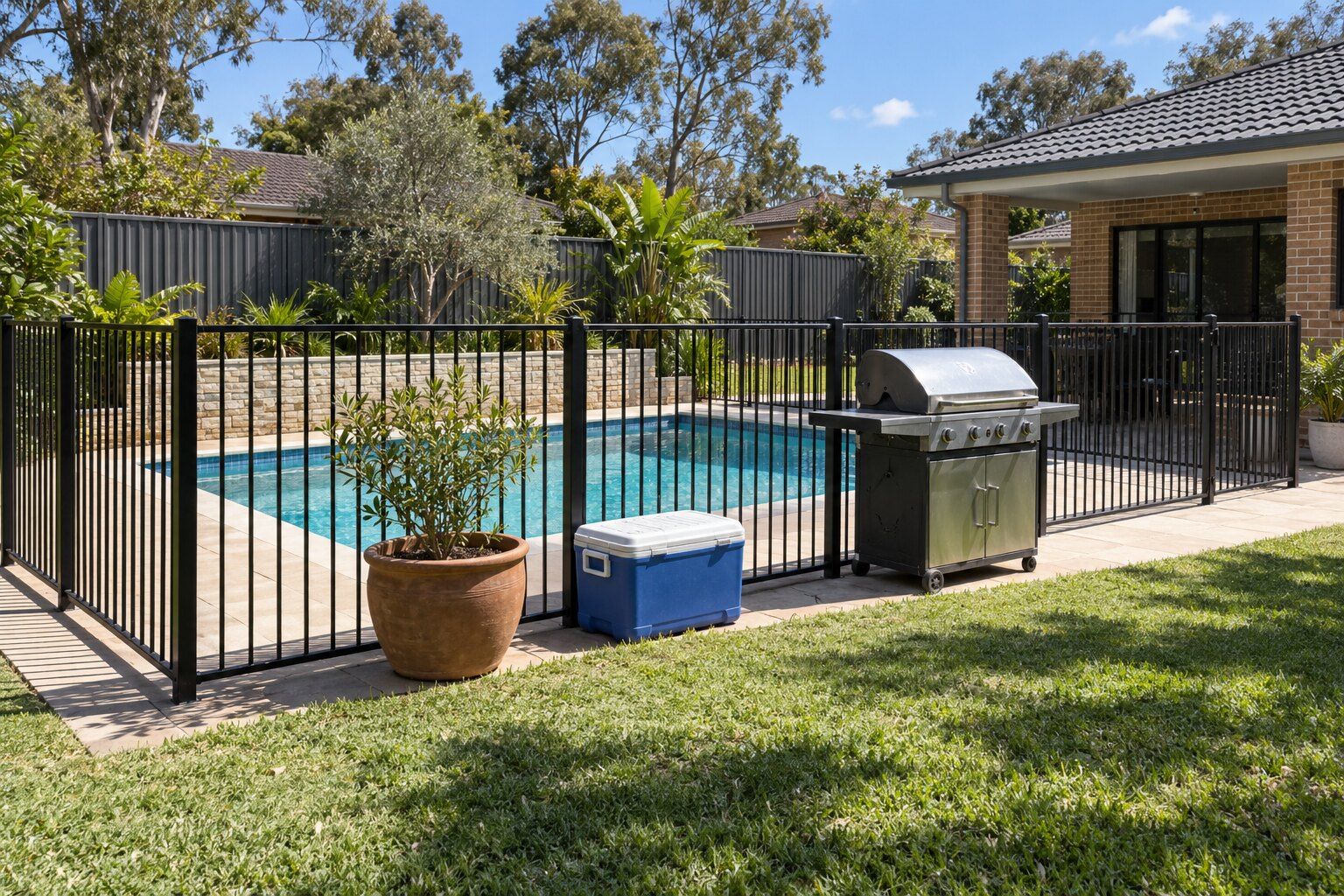 Pool inspections, South West Sydney: barbecue, esky and pot plant standing against an aluminium pool fence