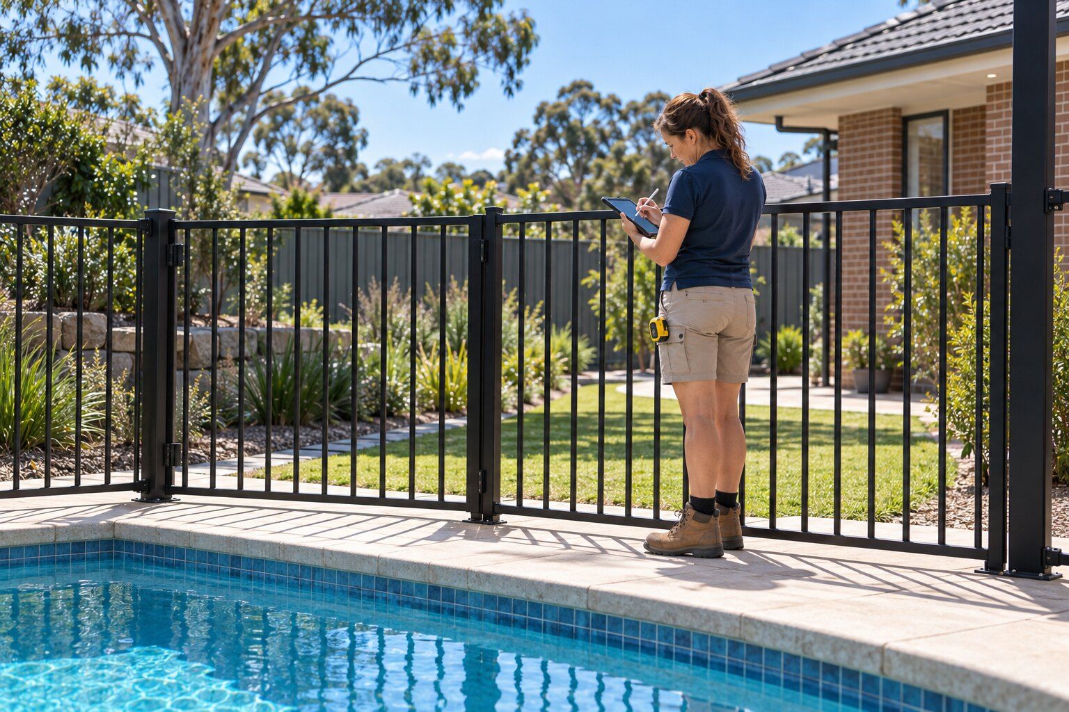 Pool inspection cost, Sydney: homeowner comparing prices on a laptop at an outdoor table beside a fenced pool