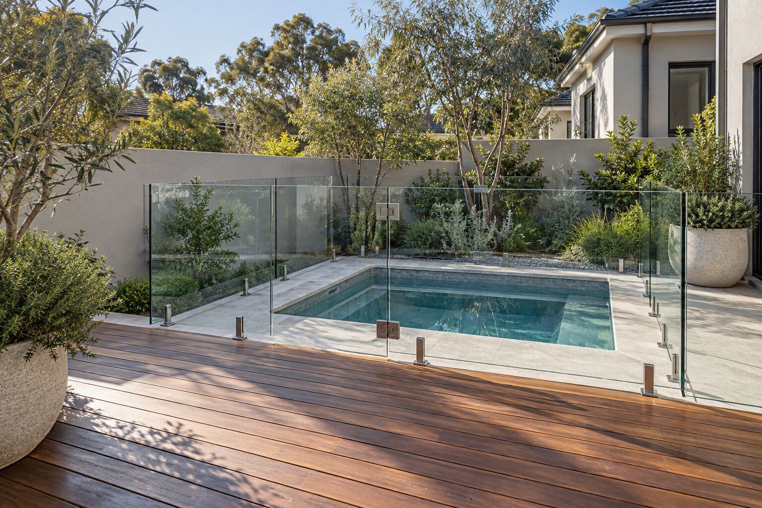 Pool inspections, Eastern Suburbs: frameless glass barrier around a spa on a timber deck
